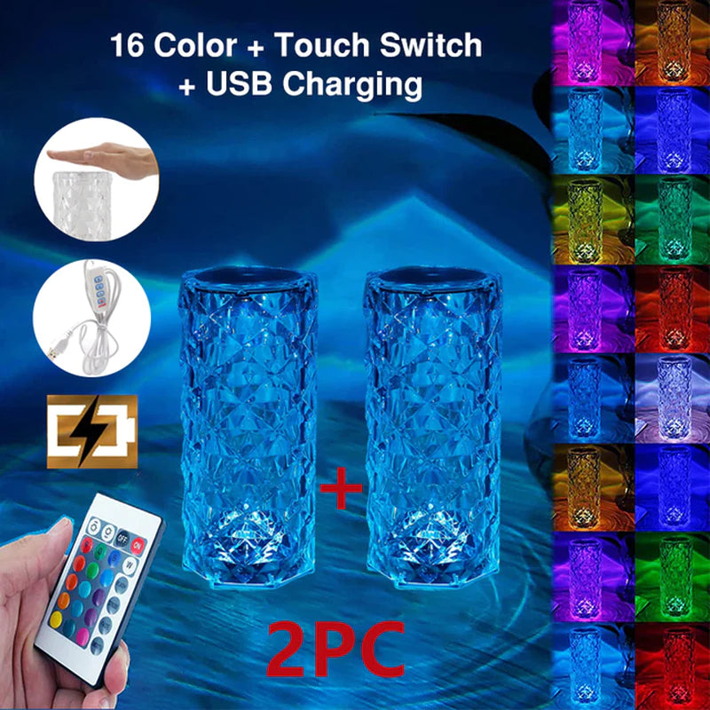 16/3 Colors Crystal Table Lamp Touch Remote Diamond Rose Lamp Room Decor Atmosphere Bedsid Night Light Desktop Projector Lights