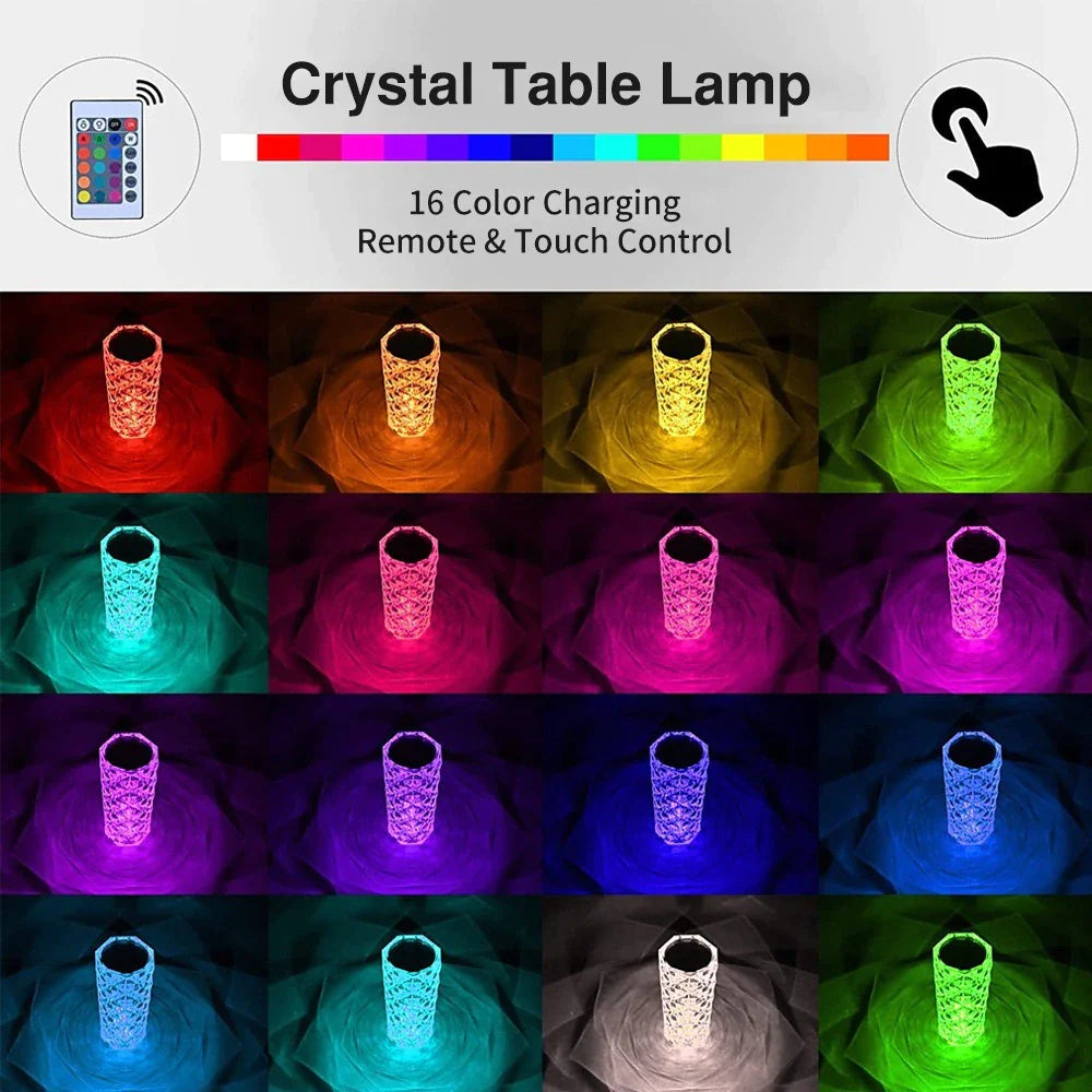 16/3 Colors Crystal Table Lamp Touch Remote Diamond Rose Lamp Room Decor Atmosphere Bedsid Night Light Desktop Projector Lights