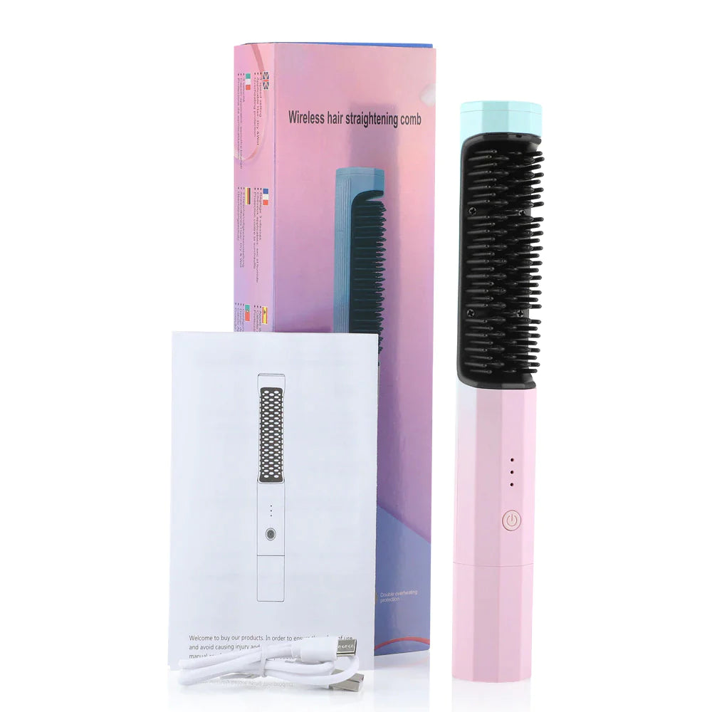 Wireless Hair Straightening Brush Heating Comb Portable Flat Iron Usb Rechargeable Hair Curler Straightener Comb Curling Brush