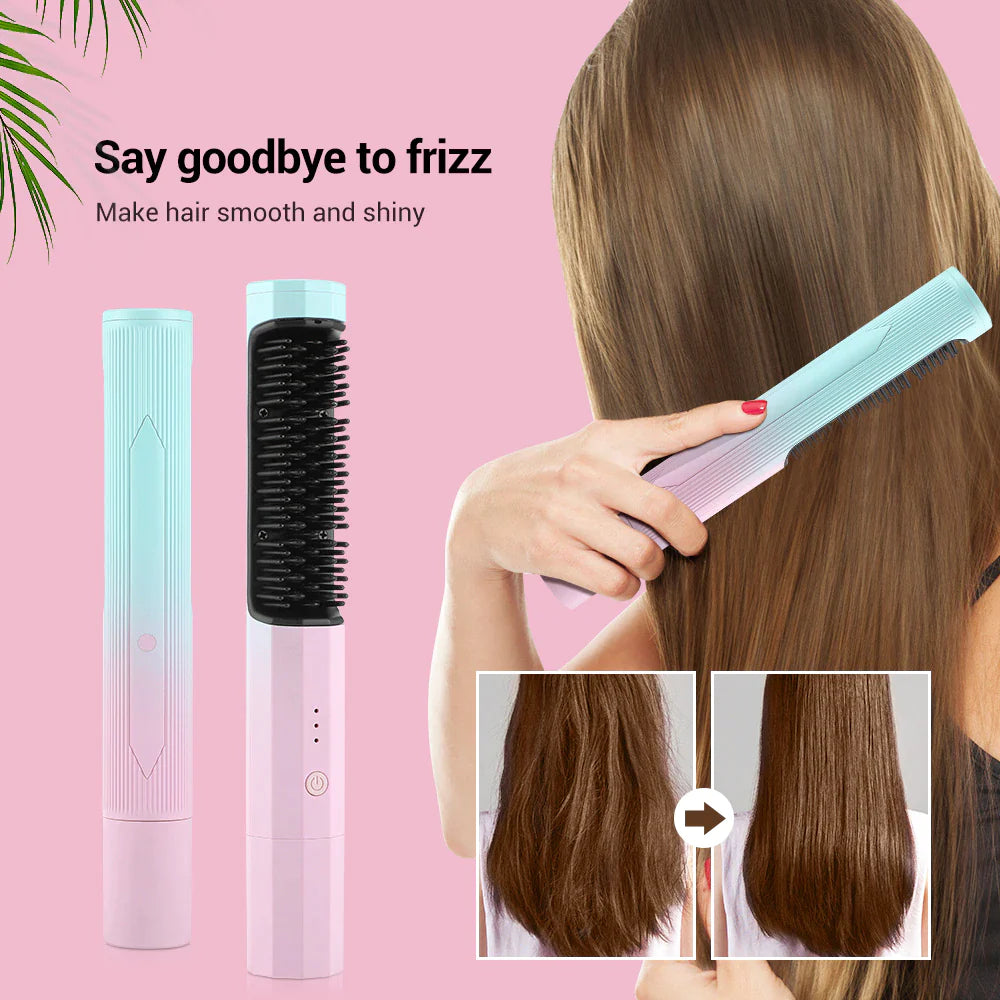 Wireless Hair Straightening Brush Heating Comb Portable Flat Iron Usb Rechargeable Hair Curler Straightener Comb Curling Brush