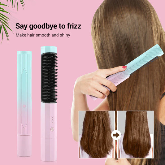 Wireless Hair Straightening Brush Heating Comb Portable Flat Iron Usb Rechargeable Hair Curler Straightener Comb Curling Brush