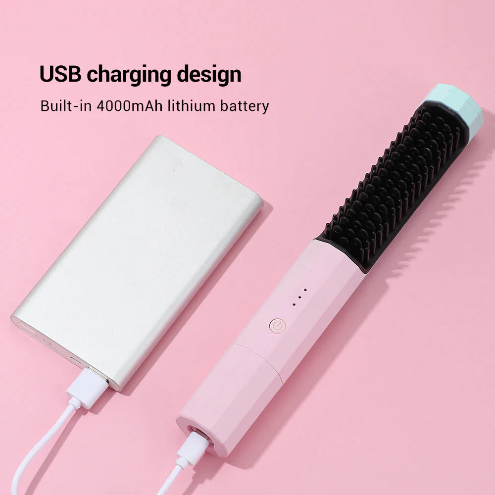 Wireless Hair Straightening Brush Heating Comb Portable Flat Iron Usb Rechargeable Hair Curler Straightener Comb Curling Brush